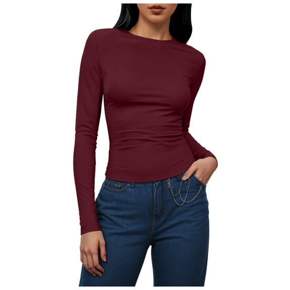 GEWSEY Women's Long Sleeve Crew Neck Shirts Fall Basic Casual Ruched Side Slim Fit T Shirts Tee Tops (, XS)
