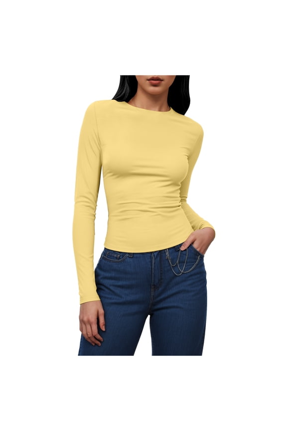 Women's Long Sleeve Crew Neck Shirts Fall Basic Casual Ruched Side Slim Fit T Shirts Tee Tops (Yellow, XL)