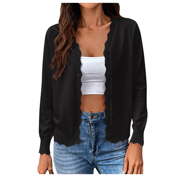 GEWSEY Women's Long Sleeve V-Neck Button Down Cardigan Knit Shrugs Sweater (Black, M)