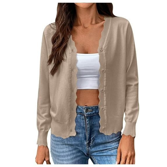 GEWSEY Women's Long Sleeve V-Neck Button Down Cardigan Knit Shrugs Sweater (Khaki, M)