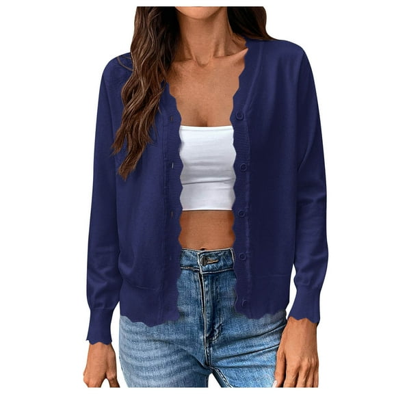 GEWSEY Women's Long Sleeve V-Neck Button Down Cardigan Knit Shrugs Sweater (Navy, L)