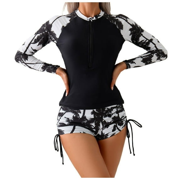 GEWSEY Women's Long Sleeves Rash Guard - 2 Piece Swimsuits with Built in Bra Swim Shirt and Shorts with Pockets (Black, XL)
