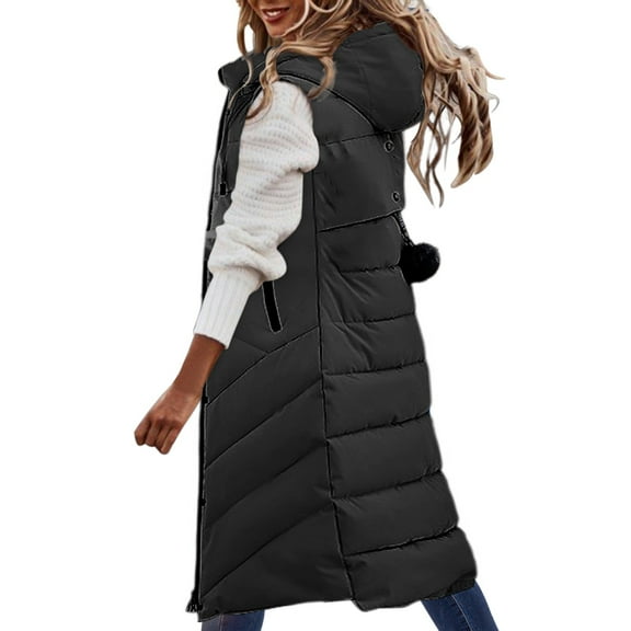 GEWSEY Women's Long Vests Sleeveless Lightweight Zip Puffer Jacket Packable Hooded Down Coat Winter Quilted Vest With Hood (Black, XL)
