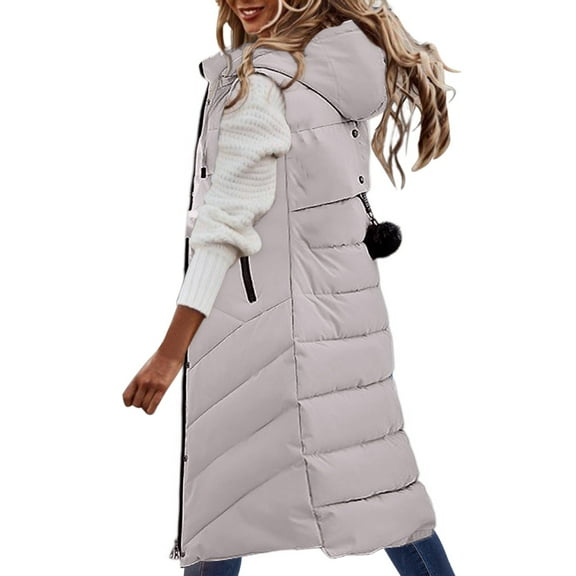 GEWSEY Women's Long Vests Sleeveless Lightweight Zip Puffer Jacket Packable Hooded Down Coat Winter Quilted Vest With Hood (Light Gray, 3XL)