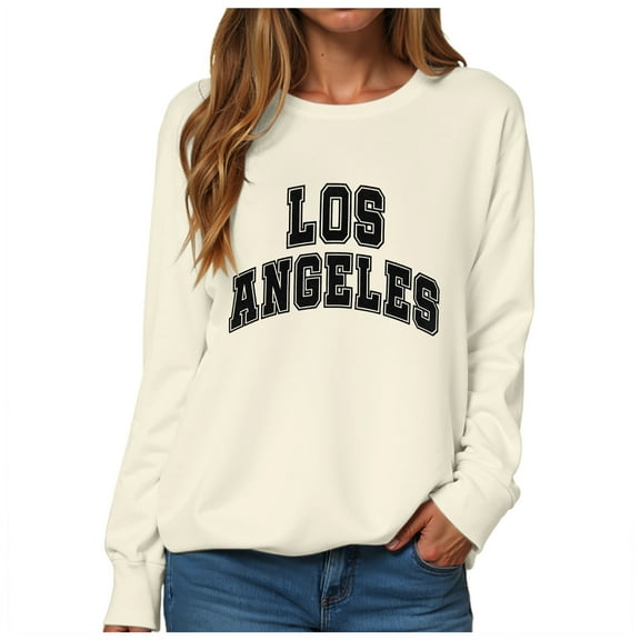 GEWSEY Women's Los Angeles Crewneck Sweatshirt Casual Long Sleeve Raglan Shirts Cute Letter Print Pullover Tops (Beige, 3XL)