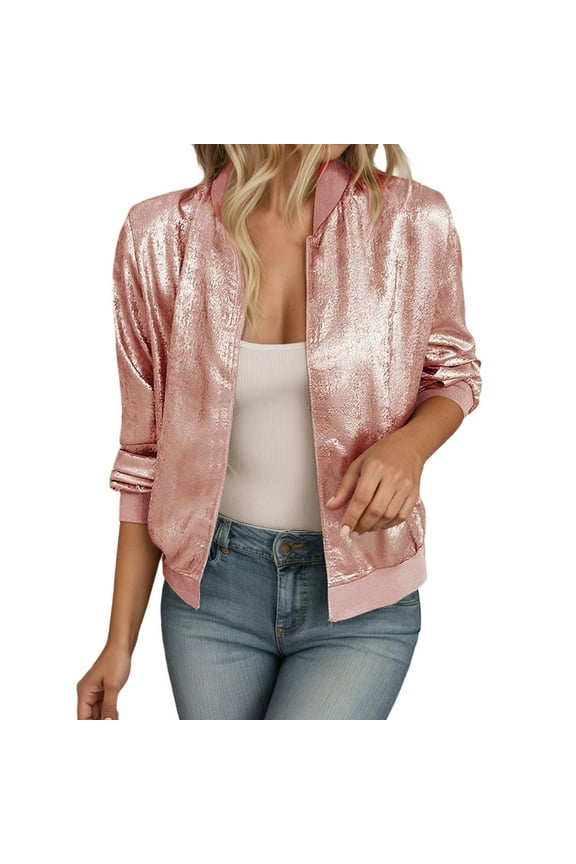 Women's Metallic Jacket Zip Up Long Sleeve Lightweight Outerwear Bomber Jackets (Pink, XXL)
