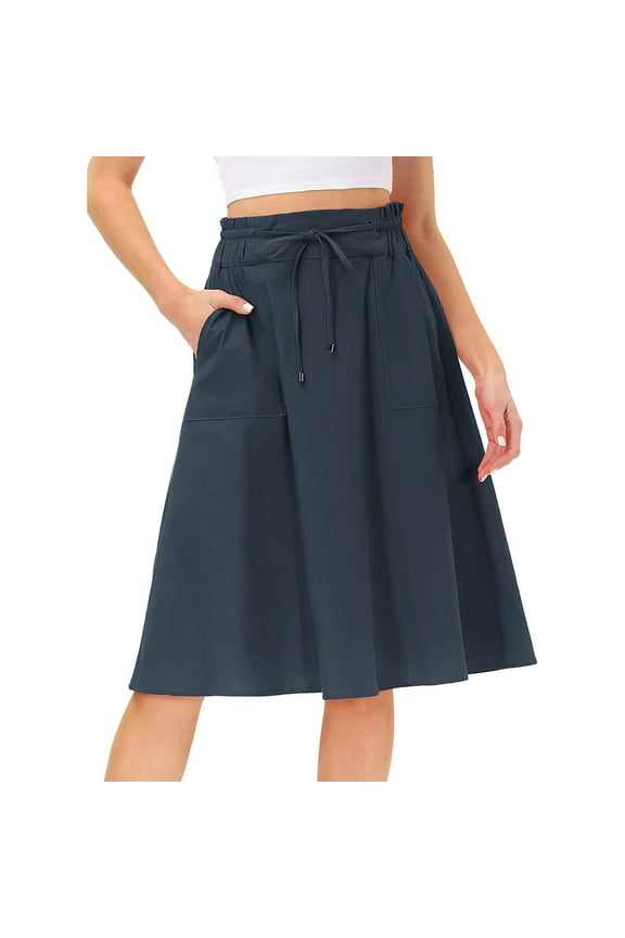 Women's Midi Length Skorts Skirts with Pockets Modest Skirts 28" Long Knee Length Athletic Skorts Navy, XL