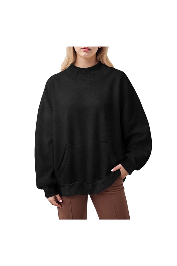 Women's Mock Neck Sweatshirt Oversized Cloud Fleece Lined Turtleneck Sweatshirts with Pockets (Black, 3XL)