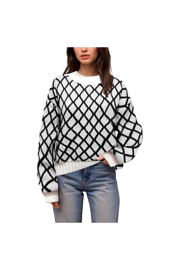 Women's Mohair-Like Diamond Patterned Knit Fluffy Sweater Sweat Shirts Lightweight Comfortable Pull Over (Black, M)