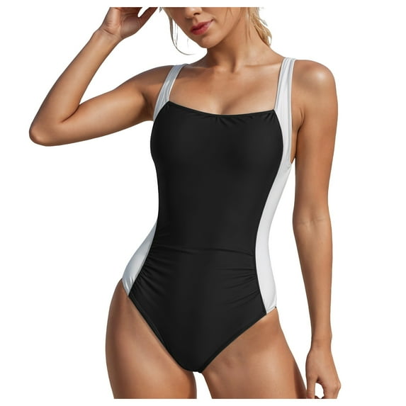 GEWSEY Women's One Piece Swimsuit Sports Adjustable Strap Bathing Suit Color Block Ribbed High Cut Swimsuits (Black, S)