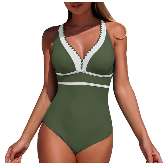 GEWSEY Women's One Piece Swimsuit Tummy Control Swim Suits for Women 2026 Modest Swimwear V Neck Color Block Bathing Suit (Army Green, L)