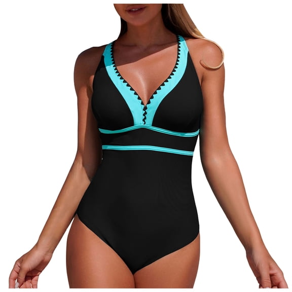 GEWSEY Women's One Piece Swimsuit Tummy Control Swim Suits for Women 2026 Modest Swimwear V Neck Color Block Bathing Suit (Dark Blue, L)