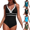 thumbnail image 1 of GEWSEY Women's One Piece Swimsuit Tummy Control Swim Suits for Women 2026 Modest Swimwear V Neck Color Block Bathing Suit (Dark Blue, XL), 1 of 7