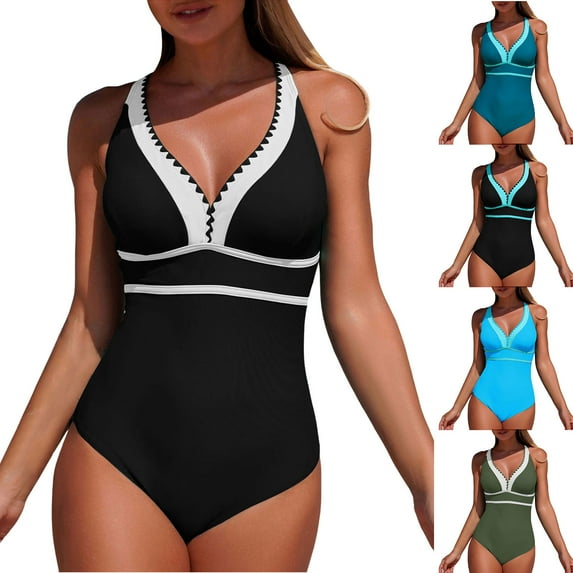 GEWSEY Women's One Piece Swimsuit Tummy Control Swim Suits for Women 2026 Modest Swimwear V Neck Color Block Bathing Suit (Dark Blue, XL)