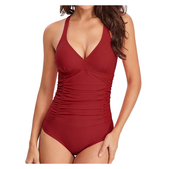 GEWSEY Women's One Piece Swimsuits Tummy Control Bathing Suits Ruched Halter Push Up V Neck Swimwear , M