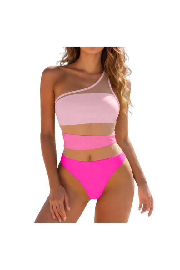 Women's One Shoulder Cutout Monokini – Asymmetrical One Piece Swimsuit with Sheer Mesh Panels – Sexy High Cut Bathing Suit (Pink, XL)