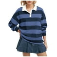 thumbnail image 1 of GEWSEY Women's Oversized Striped Polo Sweatshirt Long Sleeve Rugby Collared Pullover Tops Loose Fit Shirt (Blue, S), 1 of 7