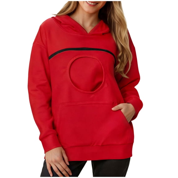 GEWSEY Women's Pet Hoodie Cat Carrying Pocket Hand Pockets Soft Relaxed-fit Hoodie for Daily Wear Features Built-in Cat Holding Pouch Zipper Closure (Red, L)