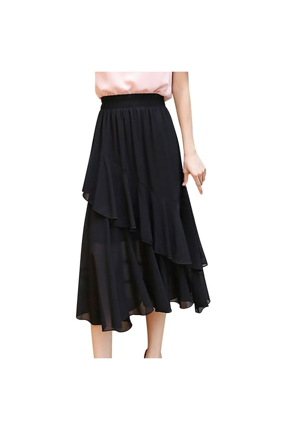 Women's Petite Regular Tall Pleated Chiffon Skirt Midi High Elastic Waist A Line Swing Skirts (Black, L)