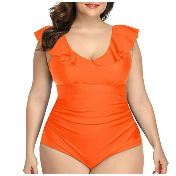 GEWSEY Women's Plus Size Bathing Suit One Piece Swim Dress Tummy Control Swimsuits Ruffle V Neck Swimwear Orange, L