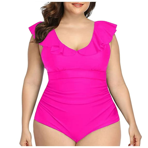 GEWSEY Women's Plus Size Bathing Suit One Piece Swim Dress Tummy Control Swimsuits Ruffle V Neck Swimwear Red2, XXL