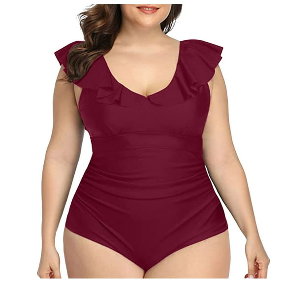 GEWSEY Women's Plus Size Bathing Suit One Piece Swim Dress Tummy Control Swimsuits Ruffle V Neck Swimwear Red4, L