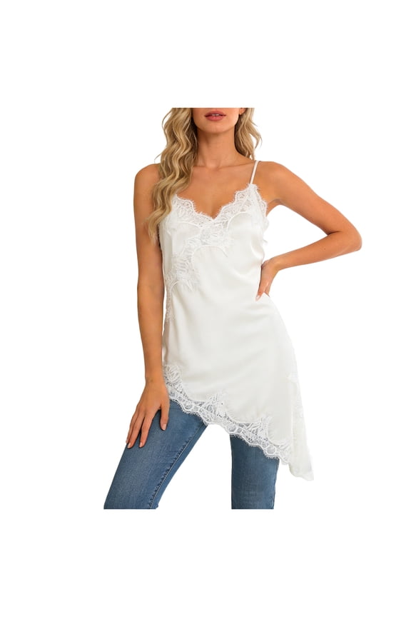 Women's Plus Size Lace Cami Top Spaghetti Strap Sleeveless V Neck Asymmetrical Party Rave Tops (White, M)