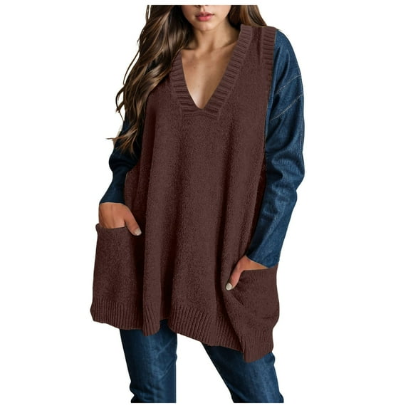 GEWSEY Women's Plus Size Sweater Vest V Neck Sleeveless Loose Fit Knit Pullover Tank Tops with Pockets (Coffee, 4XL)