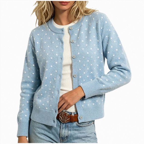 GEWSEY Women's Polka Dot Cardigan Oversized Open Front Sweater Button Down Knit Outerwear Cozy Sweaters Fall Winter Trendy Cute Teacher Cardigans (Sky Blue, L)