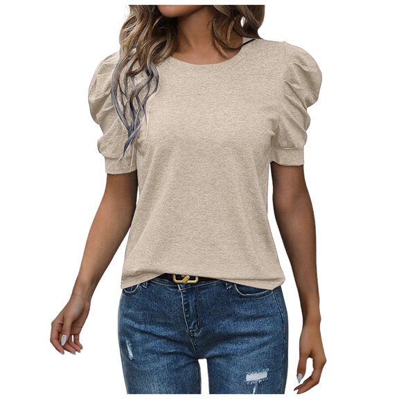 GEWSEY Women's Puff Short Sleeve Sweater Tops 2026 Summer Fall Trendy Knit Crew Neck Casual T Shirts Blouses (Khaki, L)