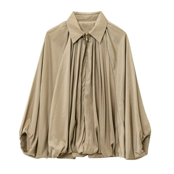 GEWSEY Women's Puffed Bomber Jacket Oversized Lapel Collar Streetwear Coat Long Casual Batwing Sleeve Zip Pleated Shirts (Khaki, S)