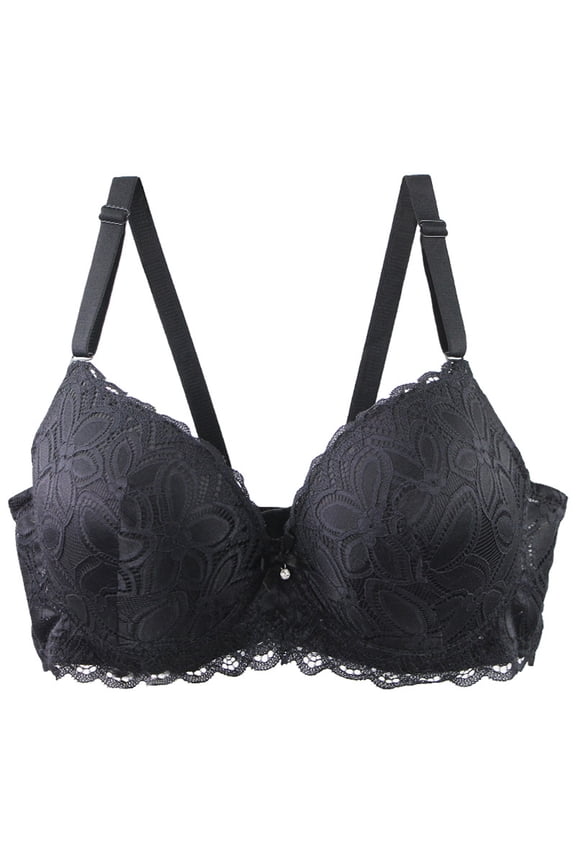 Women's Push Up Bra Floral Lace Underwire Adjustable Straps Anti Sagging Bras Full Coverage Supportive Everyday Bras (Black, 36C)
