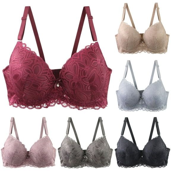 GEWSEY Women's Push Up Bra Floral Lace Underwire Adjustable Straps Anti Sagging Bras Full Coverage Supportive Everyday Bras (Dark Gray, 36C)