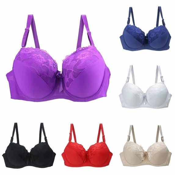 GEWSEY Women's Push Up Lace Bra Comfortable Padded Underwire Bra Plus Size Full Coverage Daily Bras Support Bralette (Purple, 30D)
