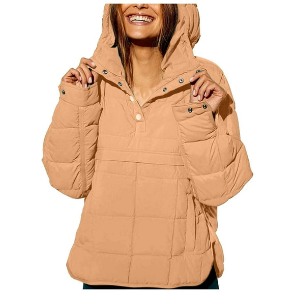 GEWSEY Women's Quilted Pullover Puffer Jacket Packable Hooded Oversize Winter Coat Tops (Beige, XL)