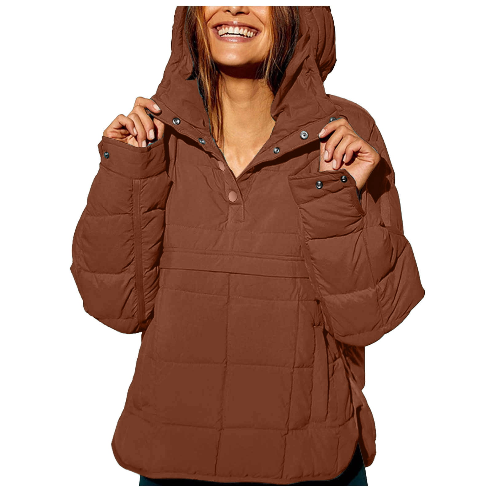 GEWSEY Quilted Puffer Jacket Womens with Hood Packable Pullover Jacket Lightweight Oversized Winter Warm Padded Coats (Brown, XXL)
