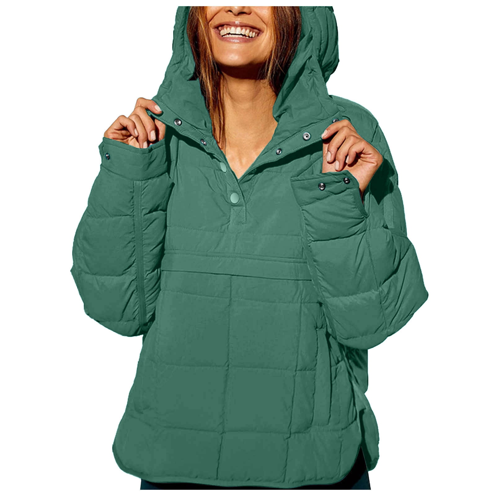 GEWSEY Quilted Puffer Jacket Womens with Hood Packable Pullover Jacket Lightweight Oversized Winter Warm Padded Coats (Dark Green, M)