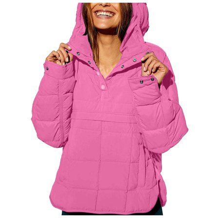 GEWSEY Women's Quilted Pullover Puffer Jacket Packable Hooded Oversize Winter Coat Tops (Hot Pink, L)