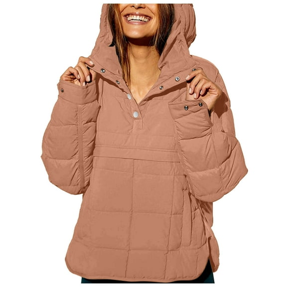 GEWSEY Women's Quilted Pullover Puffer Jacket Packable Hooded Oversize Winter Coat Tops (Khaki, S)