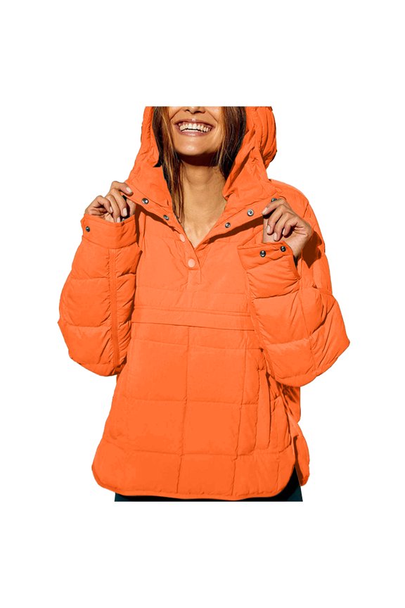 Women's Quilted Pullover Puffer Jacket Packable Hooded Oversize Winter Coat Tops (Orange, S)