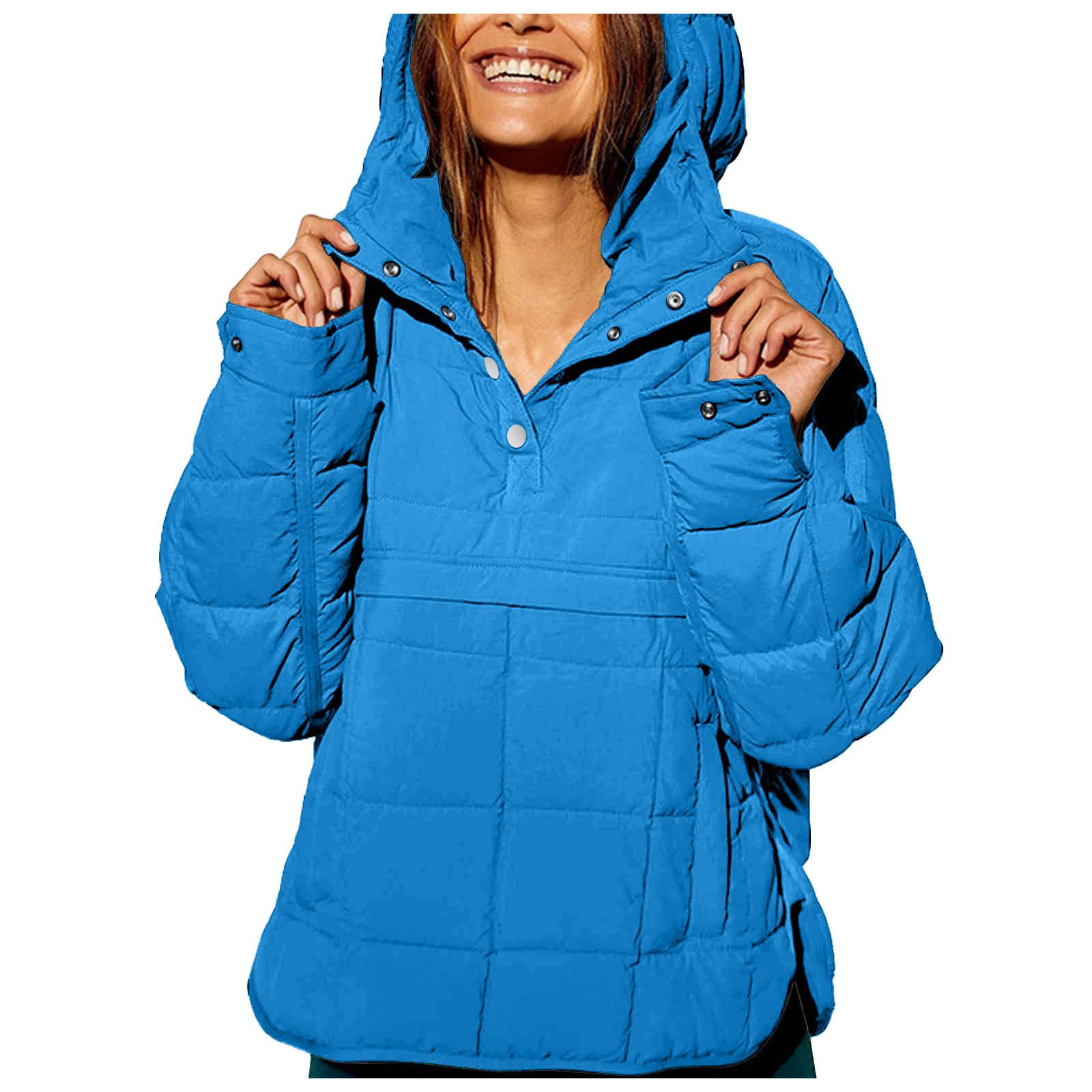 GEWSEY Quilted Puffer Jacket Womens with Hood Packable Pullover Jacket Lightweight Oversized Winter Warm Padded Coats (Sky Blue, L)
