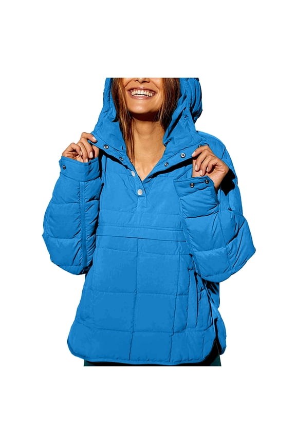 Women's Quilted Pullover Puffer Jacket Packable Hooded Oversize Winter Coat Tops (Sky Blue, L)