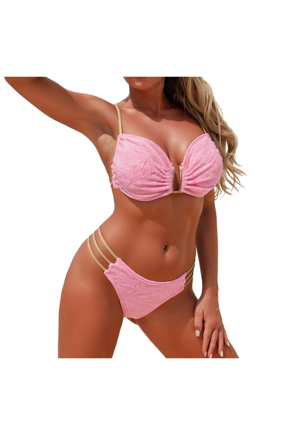 Women's Ribbed Bikini Sets U Wire Adjustable Spaghetti Straps Swimsuit Textured Ruched Two Piece Bathing Suit Red for Size L