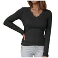 thumbnail image 1 of GEWSEY Women's Ribbed Fitted Long Sleeve Shirts Basic Notch V Neck T Shirts Layering Tee Tops (Black, XXL), 1 of 6
