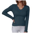 thumbnail image 1 of GEWSEY Women's Ribbed Fitted Long Sleeve Shirts Basic Notch V Neck T Shirts Layering Tee Tops (Blue, M), 1 of 6