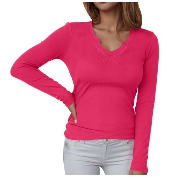 GEWSEY Women's Ribbed Fitted Long Sleeve Shirts Basic Notch V Neck T Shirts Layering Tee Tops (Hot Pink, XXL)