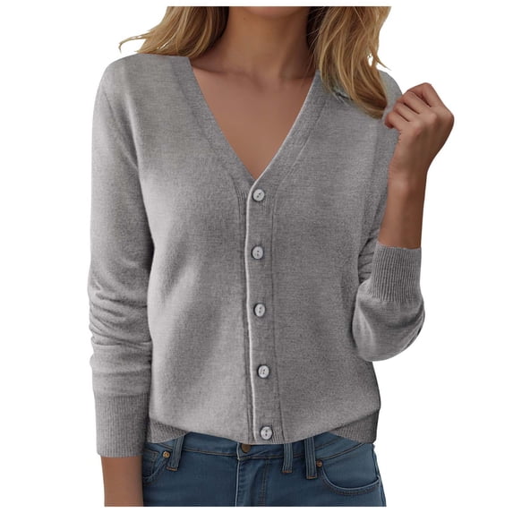 GEWSEY Women's Round Neck Cardigan Sweaters Button Front Long Sleeve Soft Warm Knit Open Front Sweater (Grey, XL)