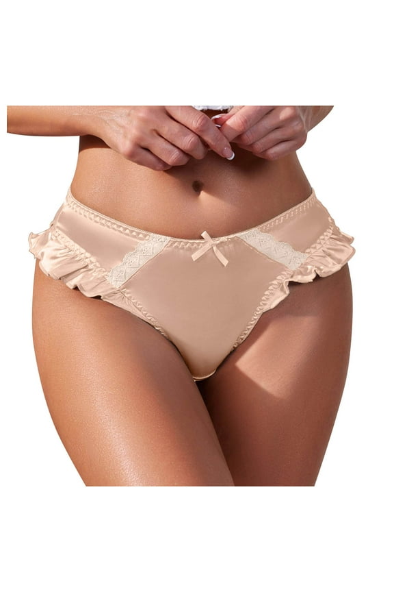 Women's Satin Silk Lace Hipster Panties Luxury Low Waist Cute Bikini Frilly Lace Trim Underwear (Coffee, M)