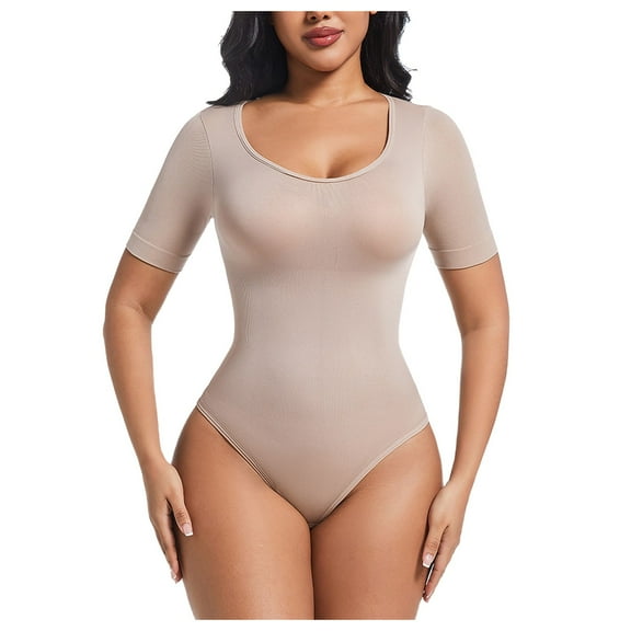 GEWSEY Women's Scoop Neck Bodysuit Short Sleeves Slim Fit Basic Stretchy Sexy Body suit Double Lined Shirt Tops (Beige, XXL)