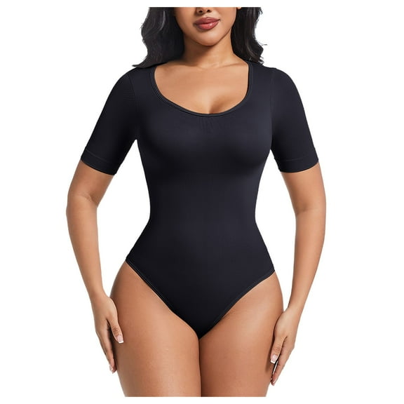 GEWSEY Women's Scoop Neck Bodysuit Short Sleeves Slim Fit Basic Stretchy Sexy Body suit Double Lined Shirt Tops (Black, XL)